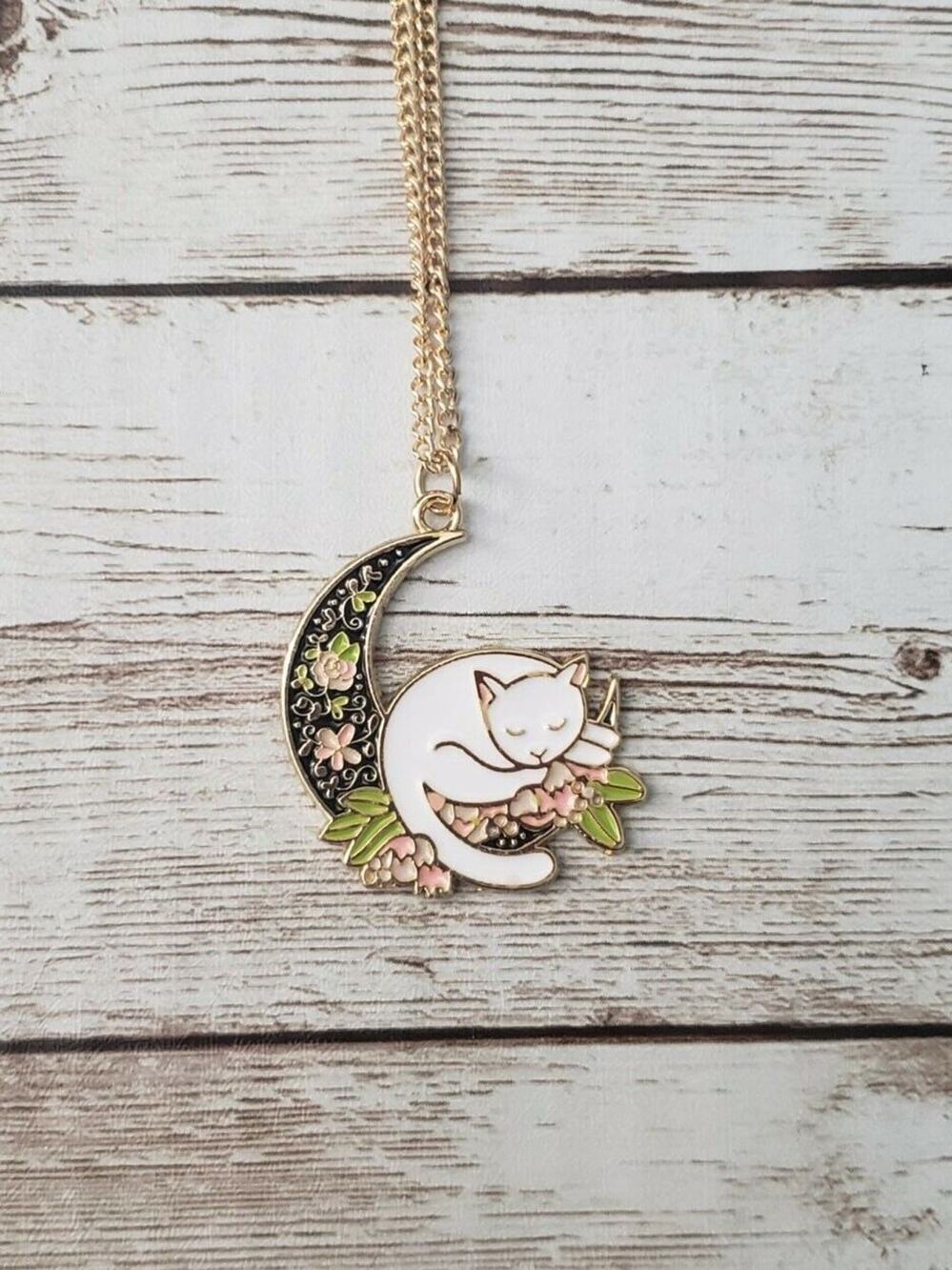 Cat & Moon Pendant Necklace Whimsical - Brand New